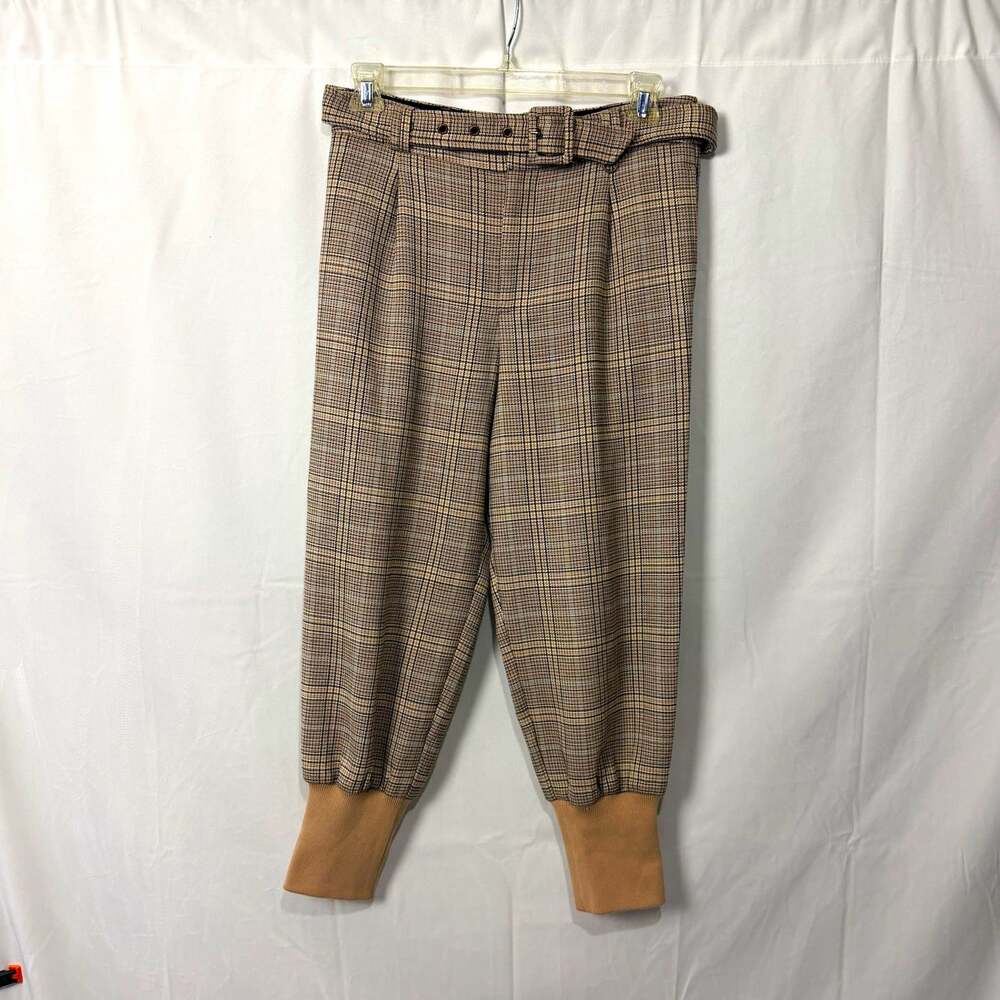 Maeve Plaid Tweed Jogger Pants Beige Black Pleated Tapered Pockets Womens